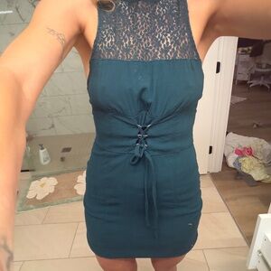 Free People Teal Lace Halter Mini Dress with Front Lace-Up